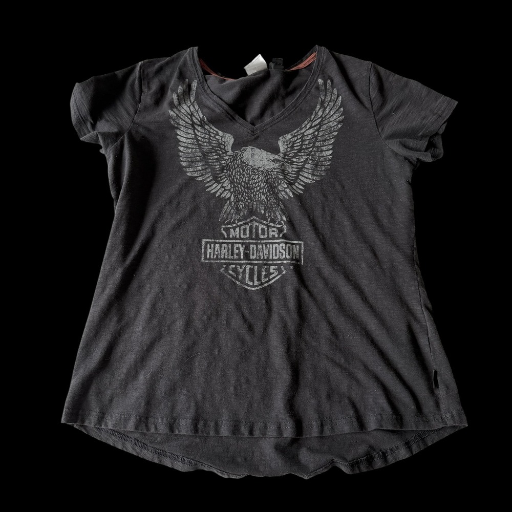 Y2K‎ Harley-Davidson Womens XL Black V-Neck Eagle T-Shirt HD Performance